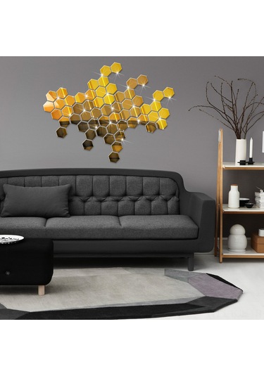 Gajeena "yapışkan Altın Altıgen Ayna Duvar Sticker Seti - 12 Adet, Dekoratif Ve Pratik" Altın