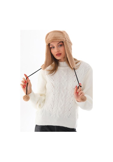 Kadın Sütlu Kahve Kürklü Kulaklıklı Peluş Şapka Sütlü Kahverengi