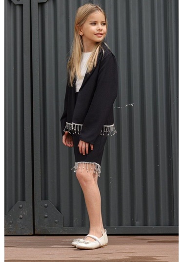 Riccotarz Kız Çocuk Dökümlü Kristal Taş Detaylı Siyah Etekli Takım 001