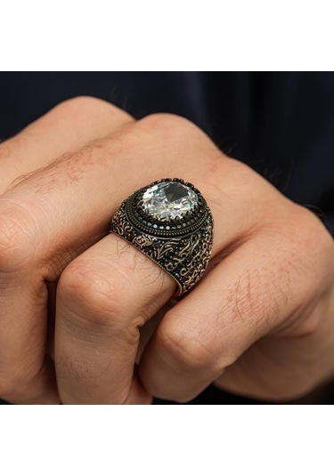 Oval Beyaz Zirkon Taşlı 925 Gümüş Erkek Yüzük Beyaz