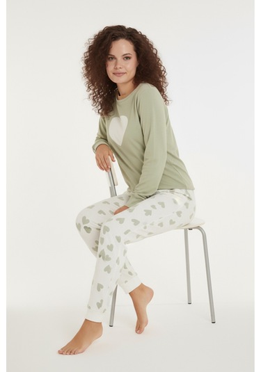 Luxury Thermal Büyük Kalp Desenli Kadın Polar Kışlık Pijama Takımı 42047 Haki