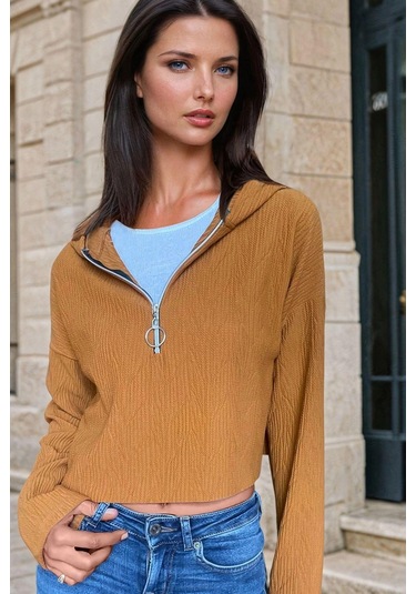 Hardalyarım Fermuarlı, Kapüşonlu, Casual Bluz HARDAL