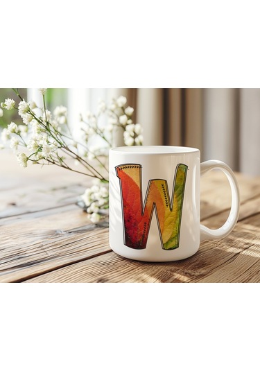 W Harf Yaprak Renkleri İle Kupa Bardak - Kişiye Özel Alfabe Harfli Bardak - Hediye Beyaz