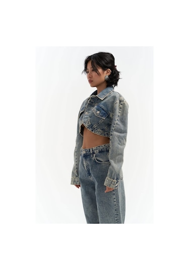 Mai Collection Mai Studios Co. Cali Çapraz Detay Kirli Yeşil Crop Jean Ceket Mavi