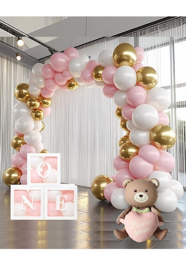 Krom Gold, Makaron Pembe Ve Beyaz Balon Temalı 1 Yaş Set One Kutu Pembe Kalpli Ayıcık Folyo Ve Balon Zincir Set Pembe