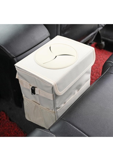 Bej Araba Çöp Kutusu 20x15x25 Cm Kapaklı Sızdırmaz Araba Çöp Kutusu 3 Saklama Cebi Askılı Su Geçirmez Araba Çöp Torbası Suv İçin