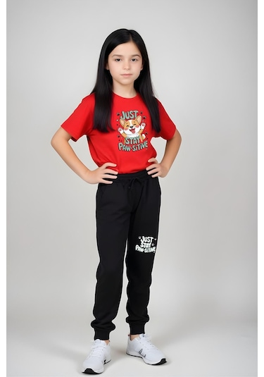Just Stay Paw Baskılı Kız Çocuk Tişört Ve Eşofman Alt-üst Takım Kırmızı
