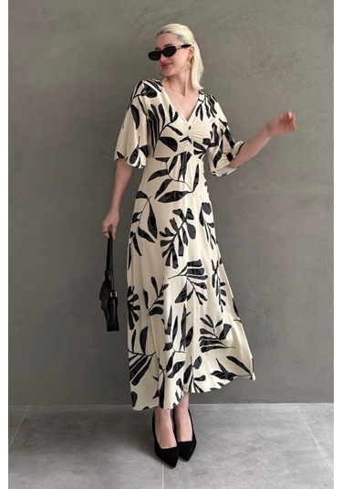 Madmext Ekru Desenli Yarım Kollu Elbise Mg2395 Ekru
