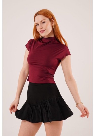 Boğazlı Parlak Kumaş Bordo Crop Bordo