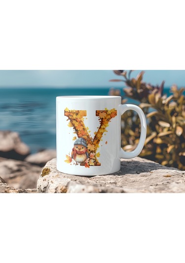 Y Harf Sonbahar Yaprak Temalı Kupa Bardak - Sevimli Figürler İle Alfabe Harfli Bardak - Kişiye Özel Beyaz