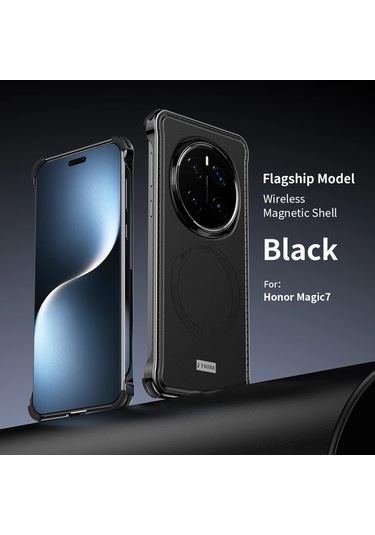 Turcoshop11 Honor Magic 7 Siyah Şık Korumalı Manyetik Kenarsız Metal Kılıf