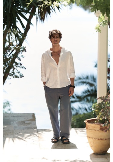 Fyfaha Bol Paça İndigo Erkek Keten Pantolon İndigo