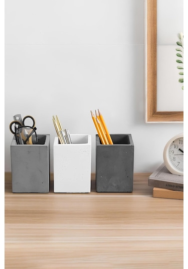 Beton Kalemlik 3 Lü Set Modern Dekoratif Organizer, Vazo, Saksı, Diş Fırçalık Çok Frenkli