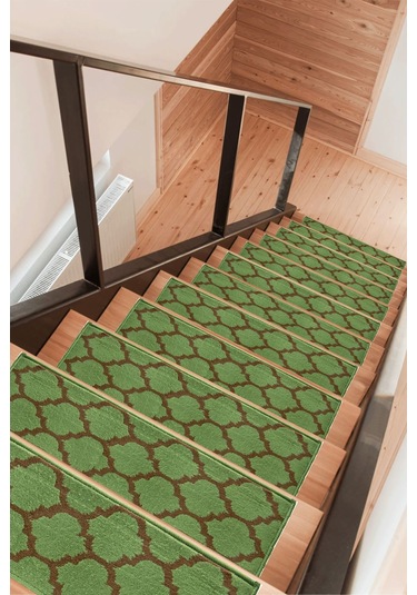 Dikdörtgen Dokuma Merdiven Halısı Kendinden Yapışkanlı Yeşil Kahve