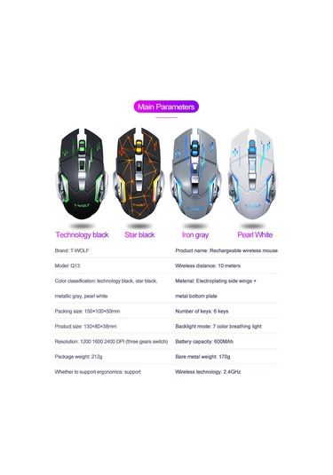 Shineyee T-wolf Q13 Şarj Edilebilir Kablosuz Mouse, 7 Renkli Işık, 3 Seviye Dpı, Sessiz Tıklama, 2.4g Stabil Aktarım, Bilgisayar/dizüstü/tablet İçin Siyah