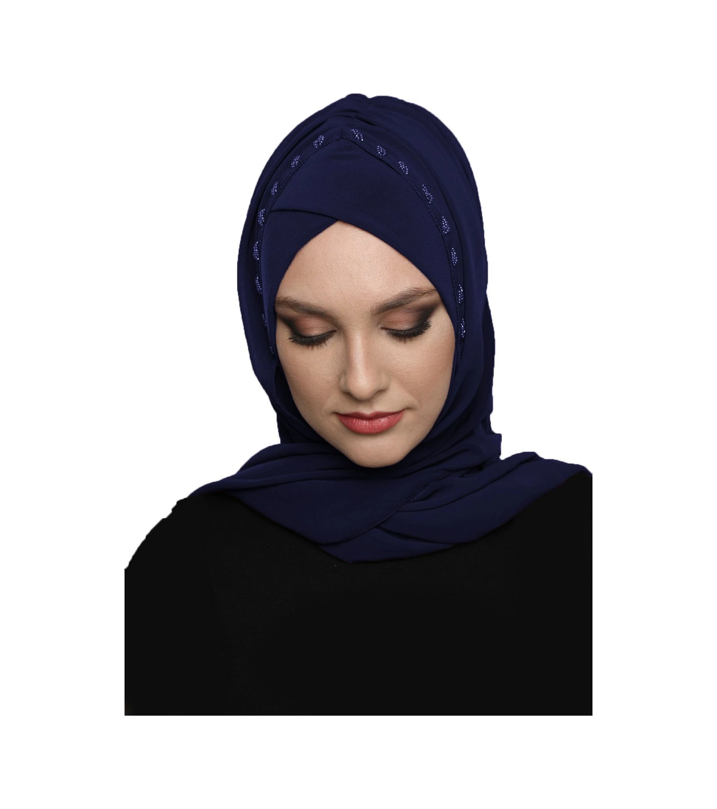 Şallı Takmatik Taşlı Lacivert Hazır Türban Tesettür Bone Namaz Örtüsü Lacivert