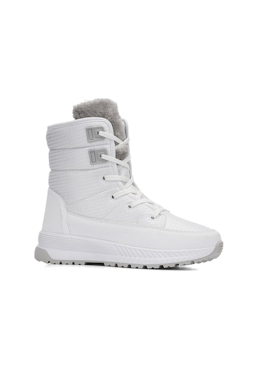 Günlük Kadın Kar Botu Kürklü Bağcıklı Fermuarlı Rahat Yüksek Kalın Tırtıklı Taban Bootie 815 Beyaz