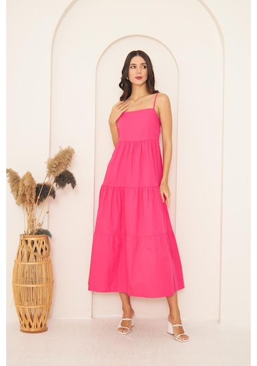 Fuşya İnce Askılı Katlı Elbise Dm1034 Fuşya