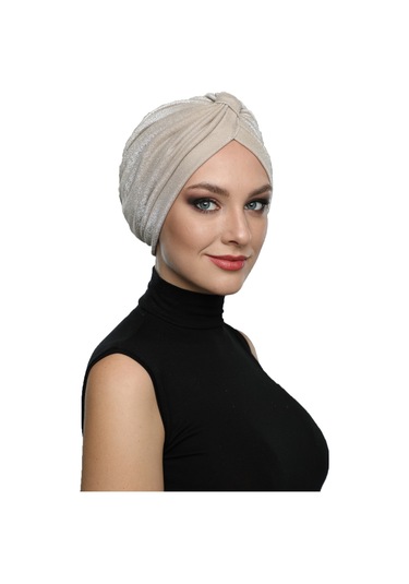 Simli Pike Çapraz Bantlı Astarlı Bej Hazır Türban Tesettür Bone Abiye