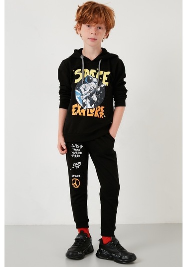 Lela Baskılı Kapüşonlu Cepli % 100 Pamuk Çocuk Unisex Çocuk Takım 5922017 Siyah