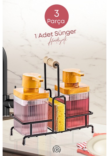 Metal Standlı Ahşap Detaylı Bulaşık Deterjanı Ve Sıvı Sabunluk