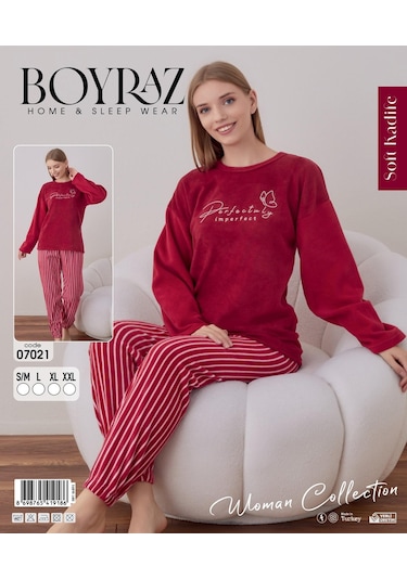 Boyraz Kadın Kışlık Bisiklet Yaka Soft Kadife Pijama Takımı 07021 - 1 Adet Kırmızı
