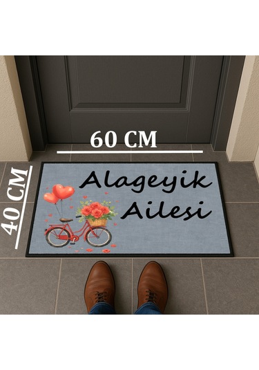 Soyisim Ve Çiçekli Bisiklet Kişiye Özel Tasarım Kapi Paspas 60x40cm Kapi Onu Paspasi Çok Renkli