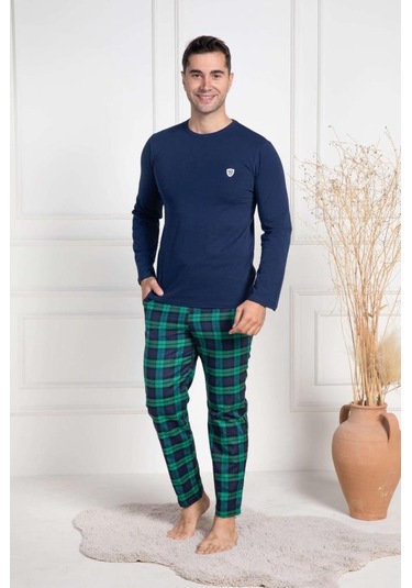 Mecit 3051 Erkek Lacivert Ekoseli Büyük Beden Pijama Takımı Lacivert