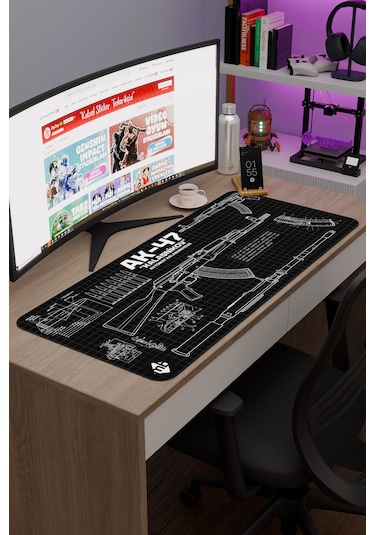 Ak 47 Siyah Kalaşnikov Cs Dikişli Kauçuk Oyuncu Mousepad - 90x40 Gaming Mouse Pad Ak-47