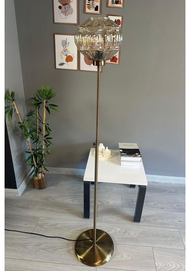 Şila Cam Bal Rengi Düz İnce Gövde Lambader Modern Oturma Odası Natural