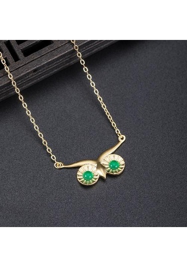 925 Ayar Gümüş Kadın Baykuş Kolye Kolye El Yapımı Yeşil Yeşim Gözler Kolye Çin Tarzı Vintage Takı Kolyeler Altın - Gümüş