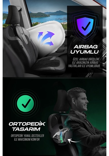 Siyah - Gri Garni Panda Monte Carlo Serisi Velor Kadife Kumaş Oto Koltuk Kılıfı - Tam Set