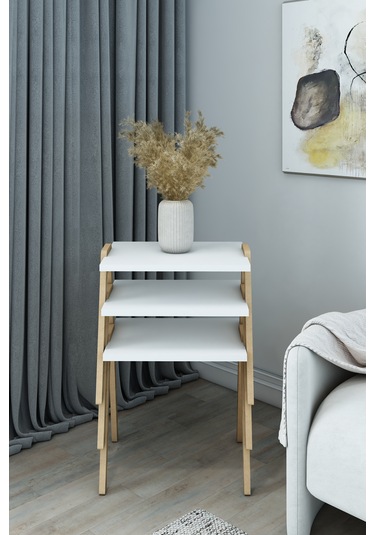 Azra - 3 Lü Zigon Sehpa Takımı Atlantik Çam -modern Ve Fonksiyonel / Orta Sehpa / Dekoratif Beyaz