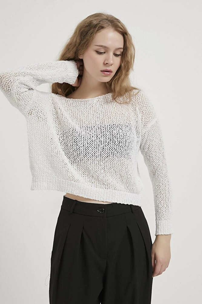 Kadın Standart Beden Düşük Omuz Transparan Şık Ve Zarif Tasarım Triko Kazak Çok Renkli