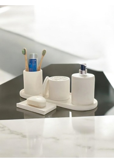 Mermer Desen Kırık Beyaz Beton Banyo Aksesuar Seti,tepsi,katı Ve Sıvı Sabunluk,pamukluk Beyaz