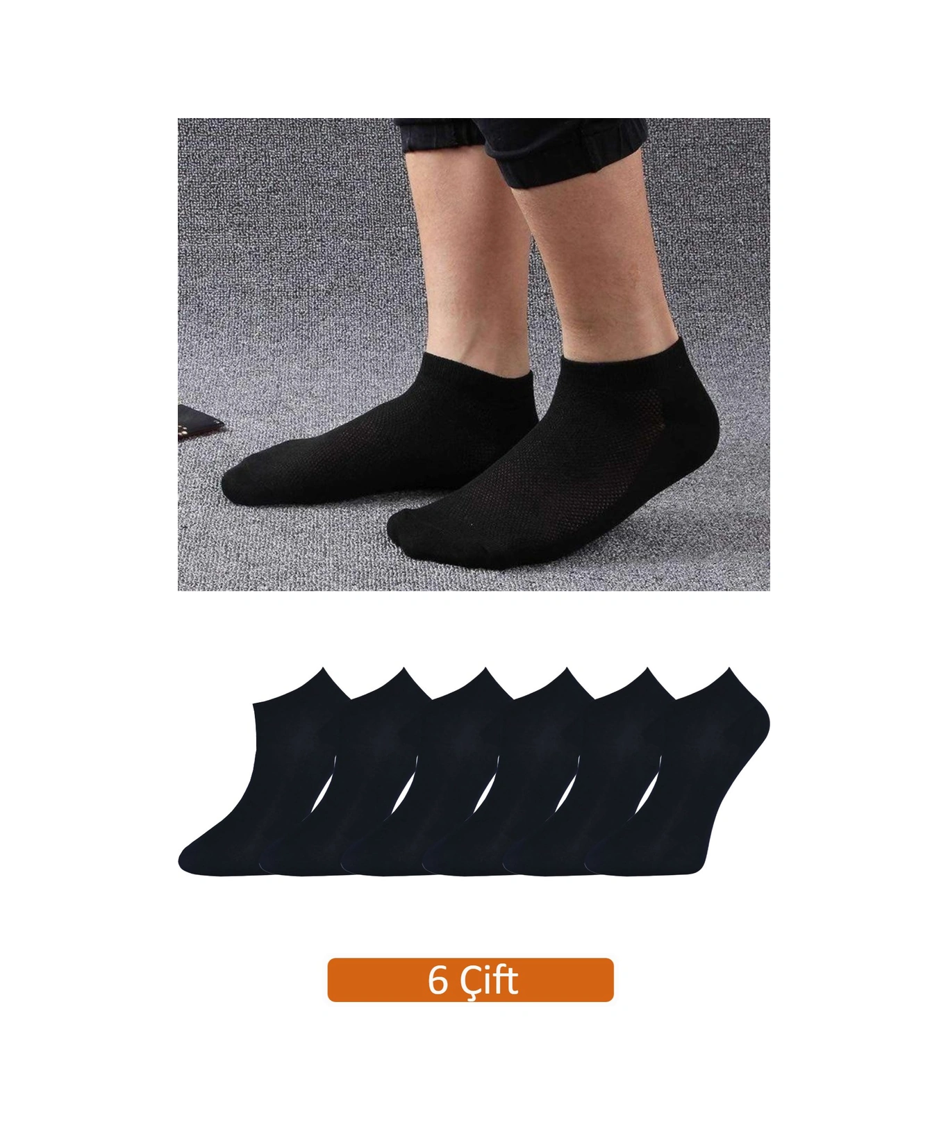 Erkek 6'lı Paket Siyah Bambu Patik Çorap Siyah