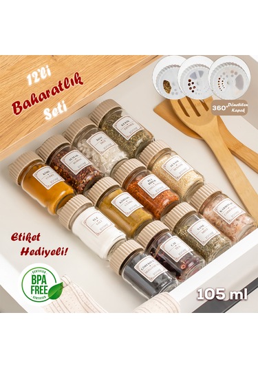 Porsima 1082 12 Li Döner Kapaklı Cam Baharatlık Seti Cappuccino