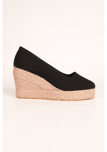 Siyah Platformlu Keten Espadril Dolgu Topuk Siyah