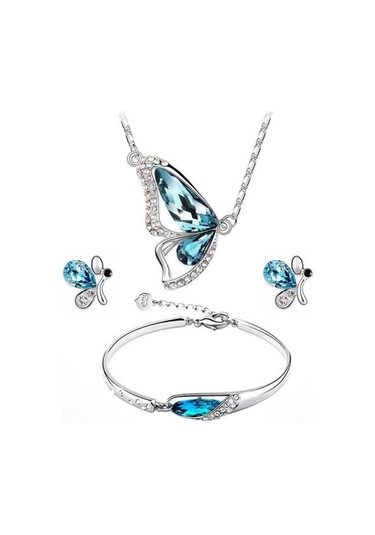 Kadın Moda Rhinestone Kelebek Takı Seti Kolye + Küpe + Bilezik Çok Renkli