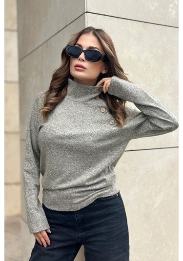 Kadın Bej Kendinden Desenli, Yumoş Kumaş, Uzun Kol, Düğme Detaylı, Boğazlı Bluz Bej