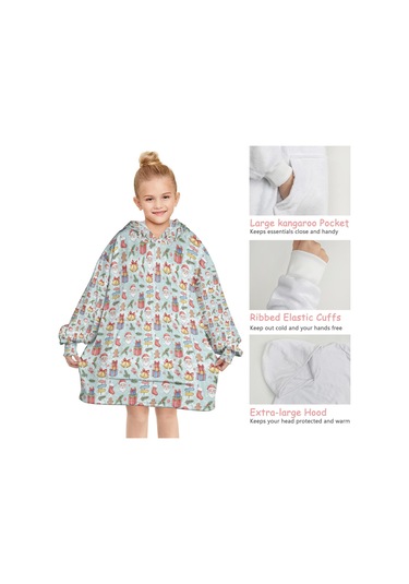 Noel Temalı 6-13 Yaş Çocuk Giyilebilir Battaniye Hoodie, Kalın Peluş, Büyük Boy-a80 Krem - Pembe