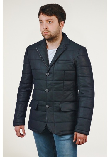Derije Silva Hakiki Deri Erkek Tafta Lacivert Şişme Blazer Ceket Lacivert