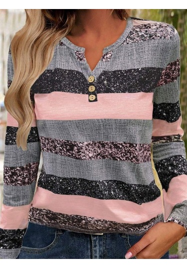 Tua Moda Kadın Uzun Kollu Yakadan Düğmeli Çizgili Desenli Süprem Bluz Pembe