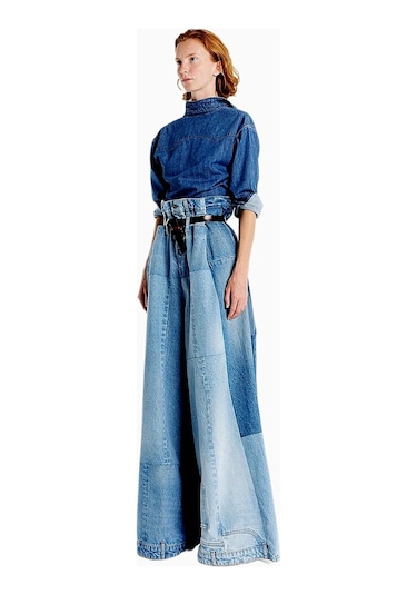 A.w.a.k.e. Mode Kadın Geniş Paça Denim Yama Detaylı Jean Pantolon Mavi