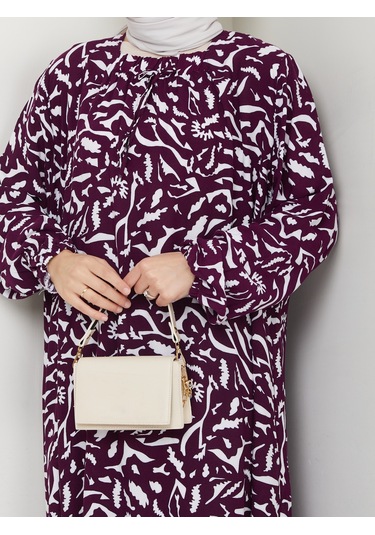 Desenli Önü Büzgülü Viskon Elbise - Mor / E0131 Mor