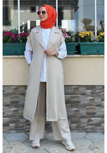 Apoletli Çizgili Takım Bej Çok Renkli