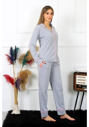 Akbeniz Kadın Pamuk Penye Önden Düğmeli Uzun Kol Gri Pijama Takım 2782-gri Gri