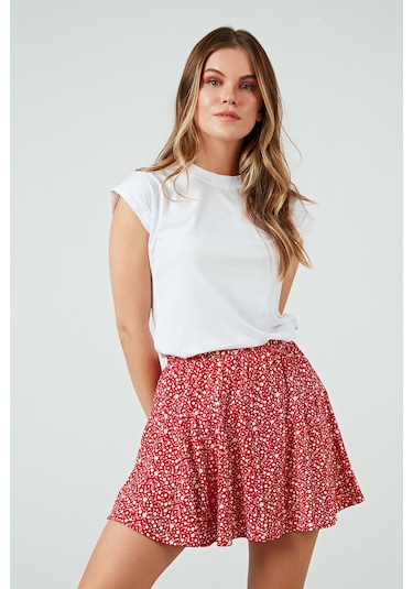 Lela Beli Lastikli Mini Şort Bayan Etek 5864024 Kırmızı-Beyaz