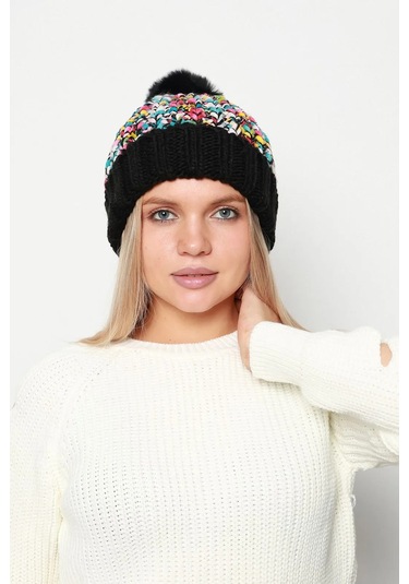 Ponpon Detay Renkli Örme Kadın Bere Rkş-21 Siyah Siyah