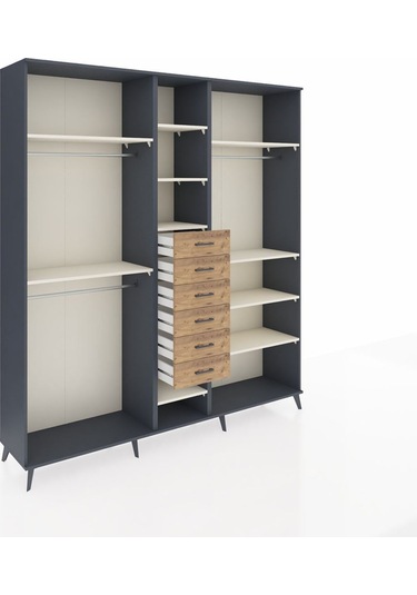 Hyperion Dolap 10 Raflı 6 Çekmeceli 3 Askılı 220x44x243 Antrasit-aytaşı/çam Aytası/atlas Çam